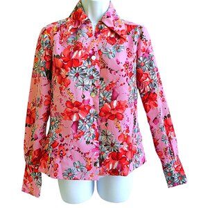 Vintage 60s 70s Pink Floral Blouse Dagger Pointed Collar Long Cuffs Lightweight